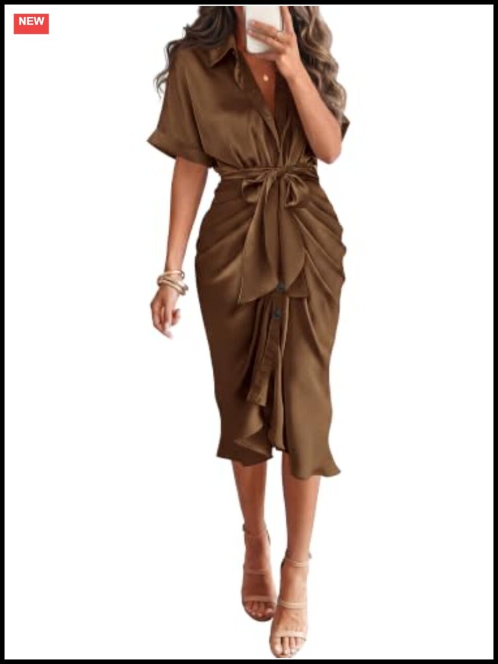 BTFBM Satin Maxi Dress Short Sleeve Button Down Tie Waist